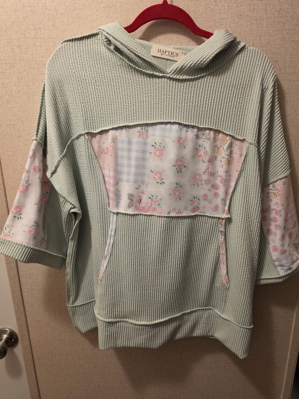 Haptics Mint Green Waffle Hoodie with Floral Patch
